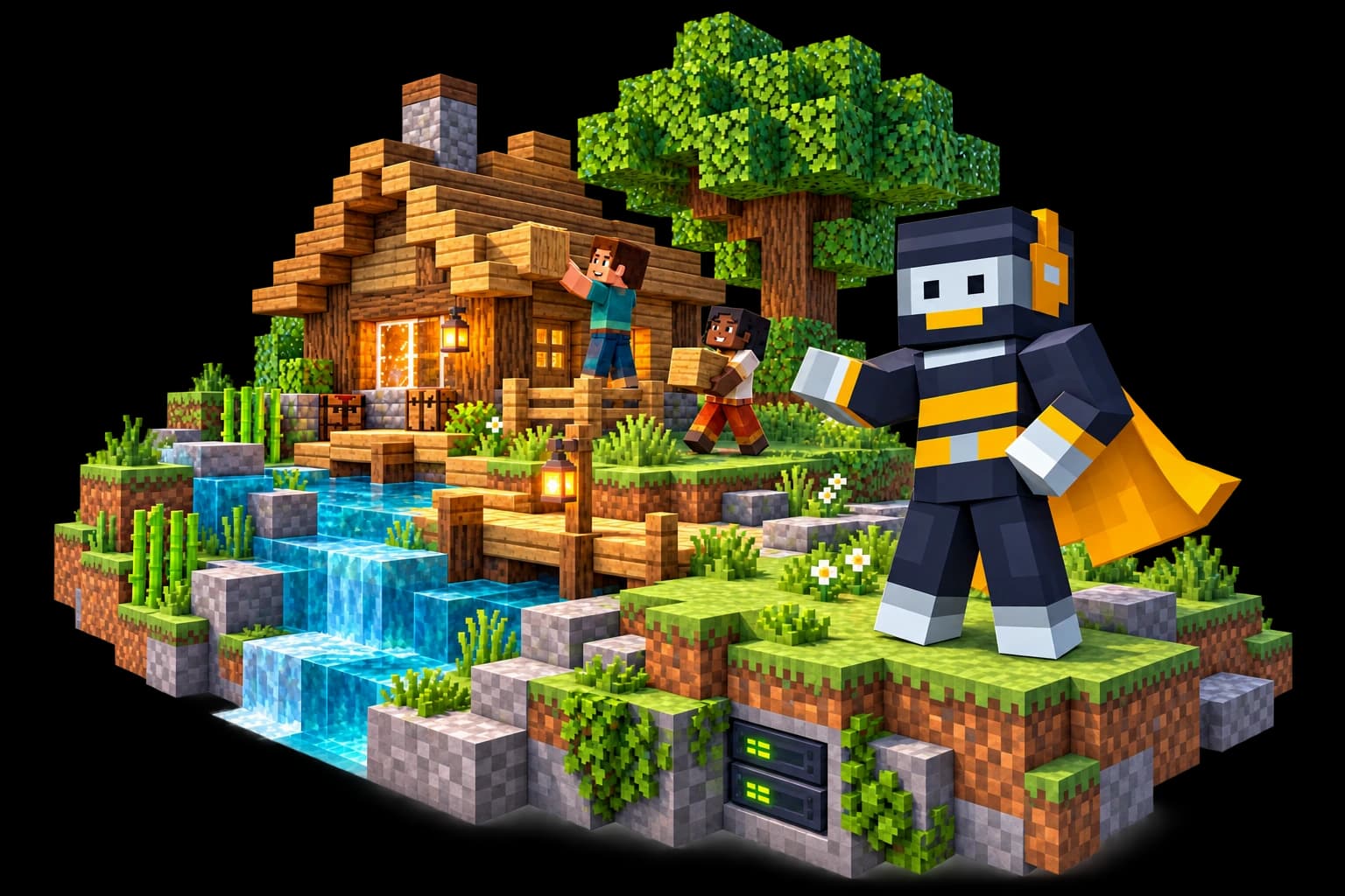 Nuestra mascota de Minecraft con traje azul marino y capa ámbar saluda junto a una pequeña isla de Minecraft donde dos jugadores construyen una casa de madera, con una cascada, un gran roble y un servidor integrado en la roca.