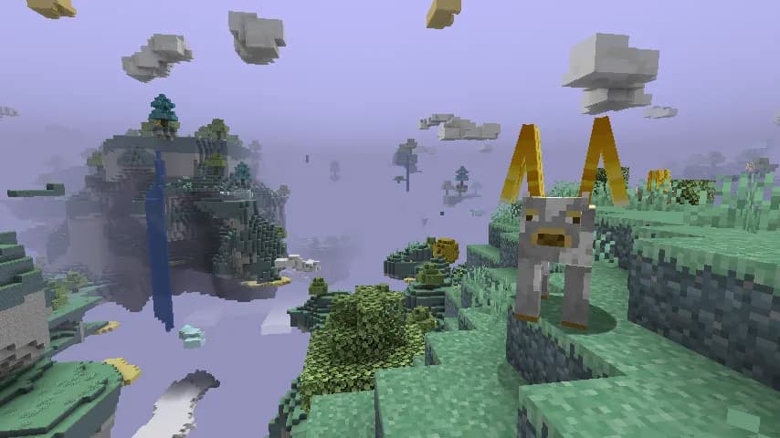 Floating islands in the Aether with a waterfall, pale grass and one of the Aether's own winged animals in front