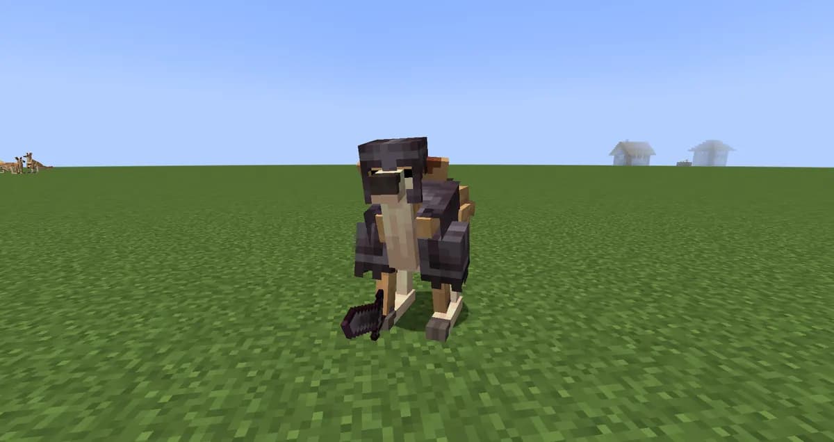 A tamed kangaroo from Alex's Mobs wearing netherite armour and holding a sword on a grass plain