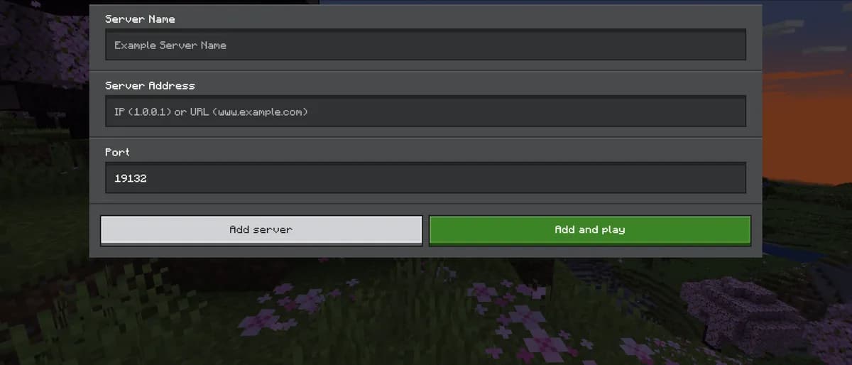 The Add server screen of Bedrock Edition with separate fields for the server address and the port