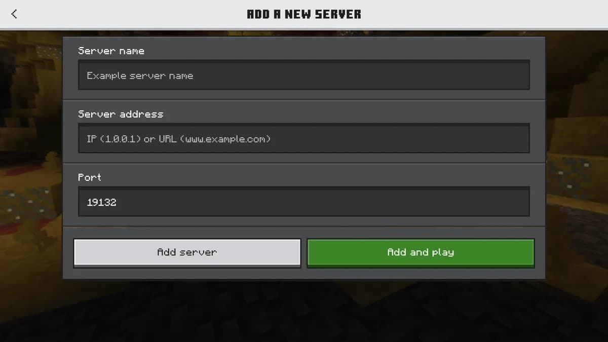 The Add a new server screen of Bedrock Edition with fields for server name, server address and port 19132