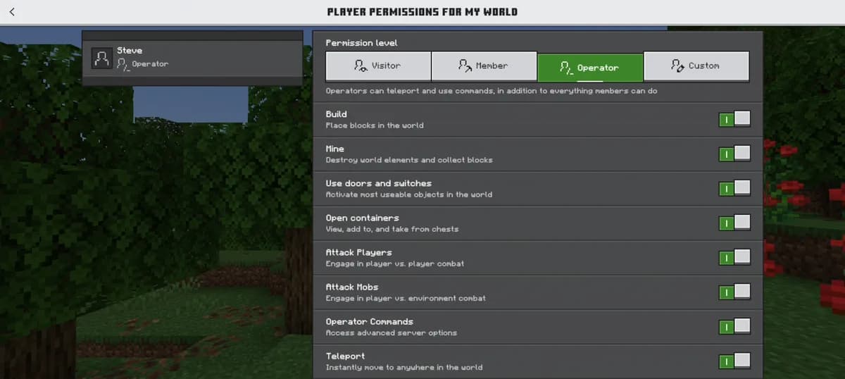 The Player permissions screen of Bedrock Edition with a list of players marked Operator or Member