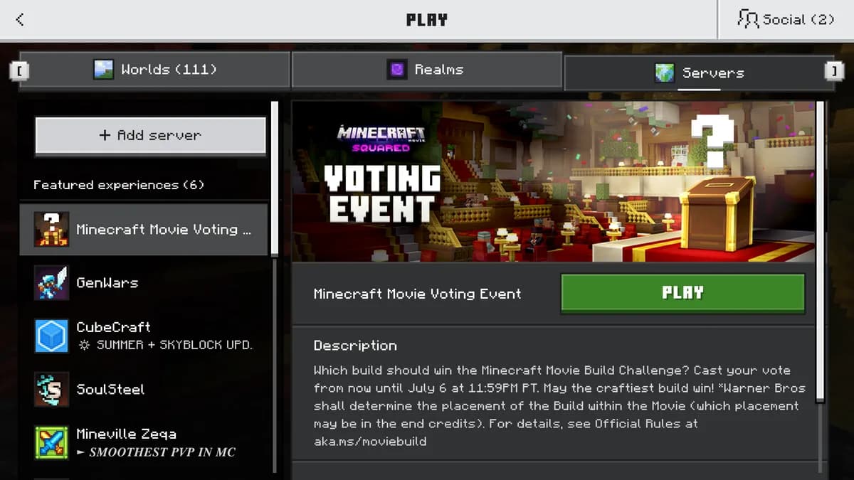 The Servers tab of Bedrock Edition with the featured servers and the Add server button at the top left