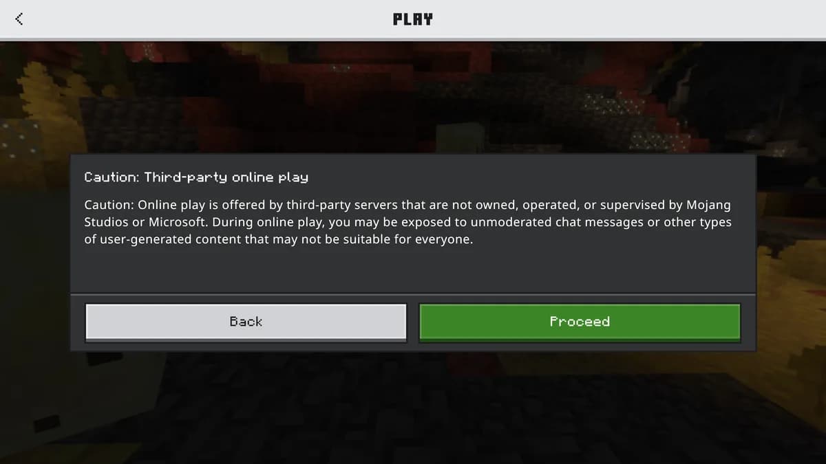 The Bedrock Edition pop-up warning about third-party online play, with a Proceed button