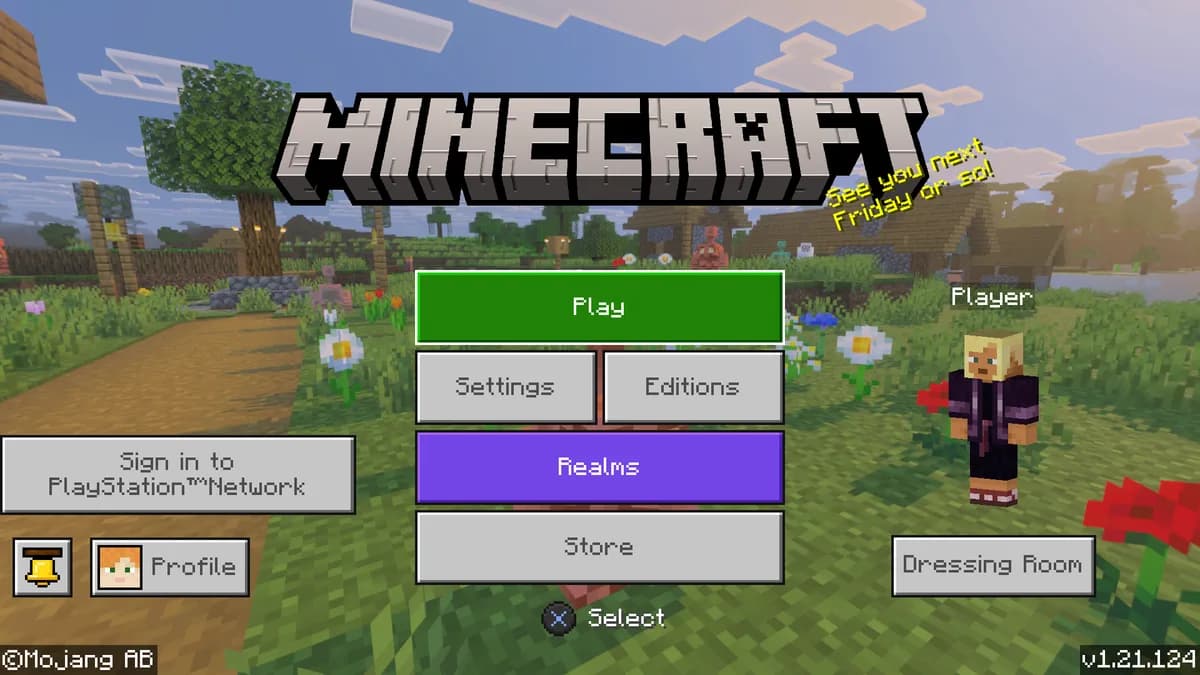 The Bedrock Edition title screen on PlayStation, with the Play button and a Sign in to PlayStation Network prompt
