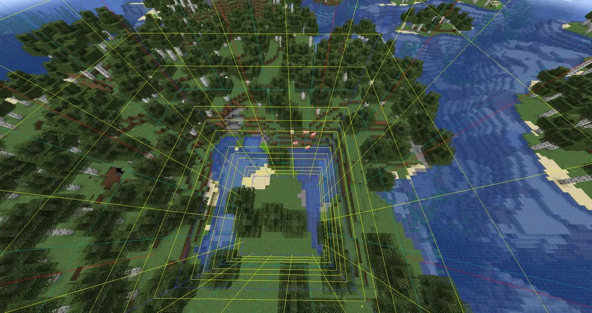Chunk borders drawn over a Java Edition landscape with F3 and G
