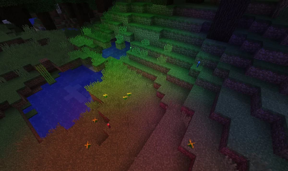 A cave scene with coloured light from a rendering mod, a client-side mod that a server never sees