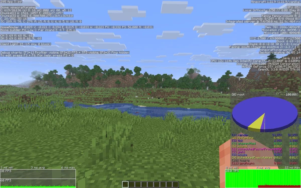 The F3 debug screen of Java Edition with entity and chunk counts on the left