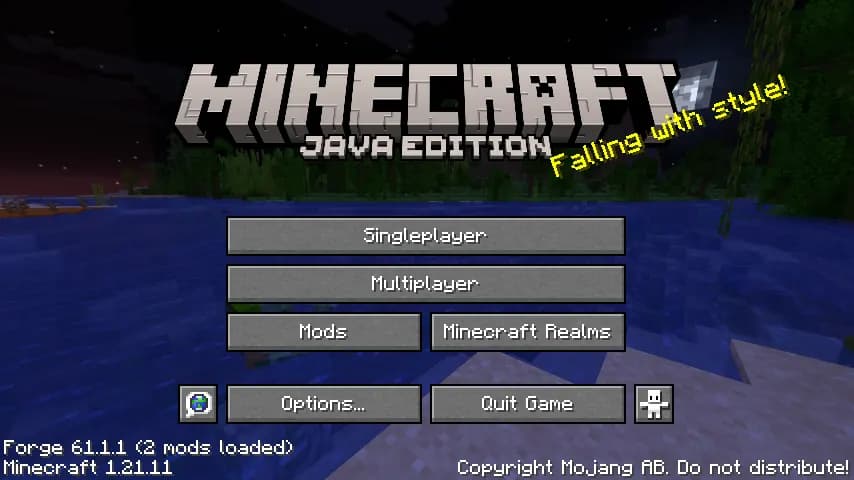 The Java Edition title screen with Forge installed, showing a Mods button and the Forge version in the corner