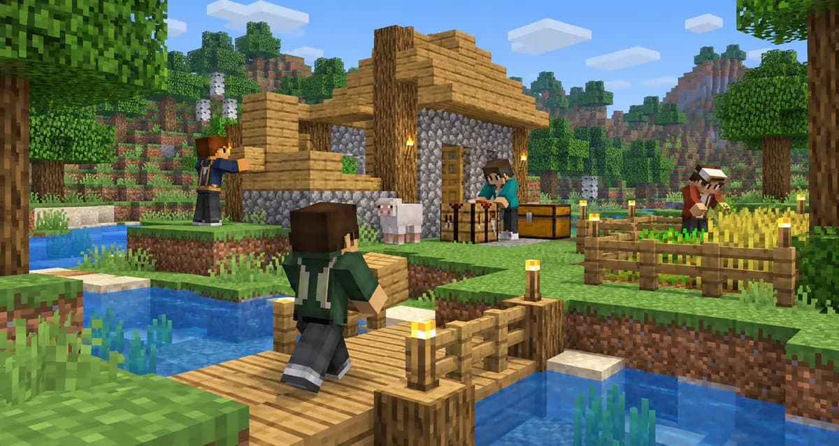 Vier spelers bouwen samen een dorp in één gedeelde Minecraft wereld: een legt planken op een huis, een werkt bij de deur, een verzorgt een omheind tarweveld en een loopt over een houten brug over een rivier