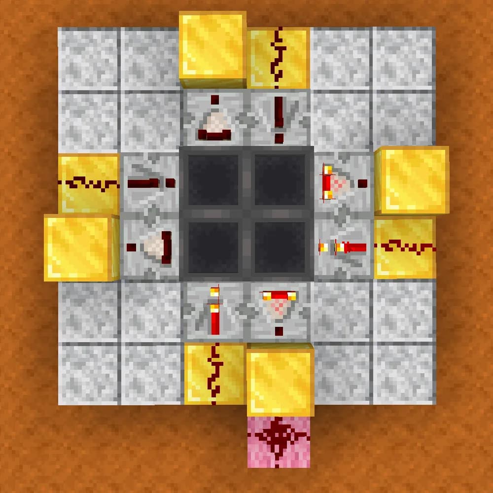 Top view of a hopper clock built from hoppers, comparators and gold blocks