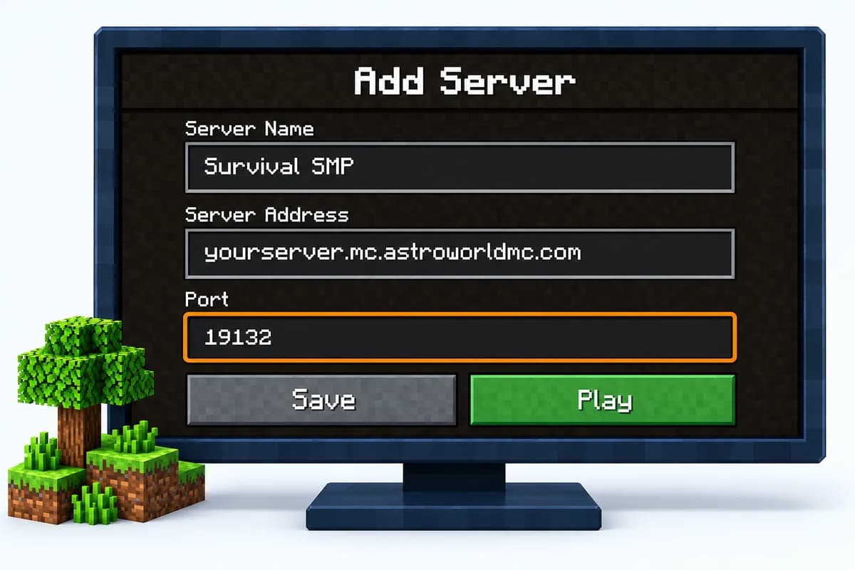 Das Formular Add Server von Bedrock Edition mit Server Name, Server Address und einem eigenen Feld Port auf 19132, mit den Knöpfen Save und Play