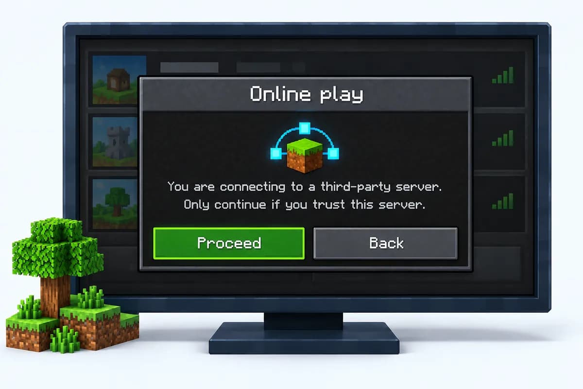 Das Pop-up Online play von Bedrock Edition mit dem Hinweis, dass du dich mit einem Server eines Drittanbieters verbindest, mit grünem Knopf Proceed und Knopf Back