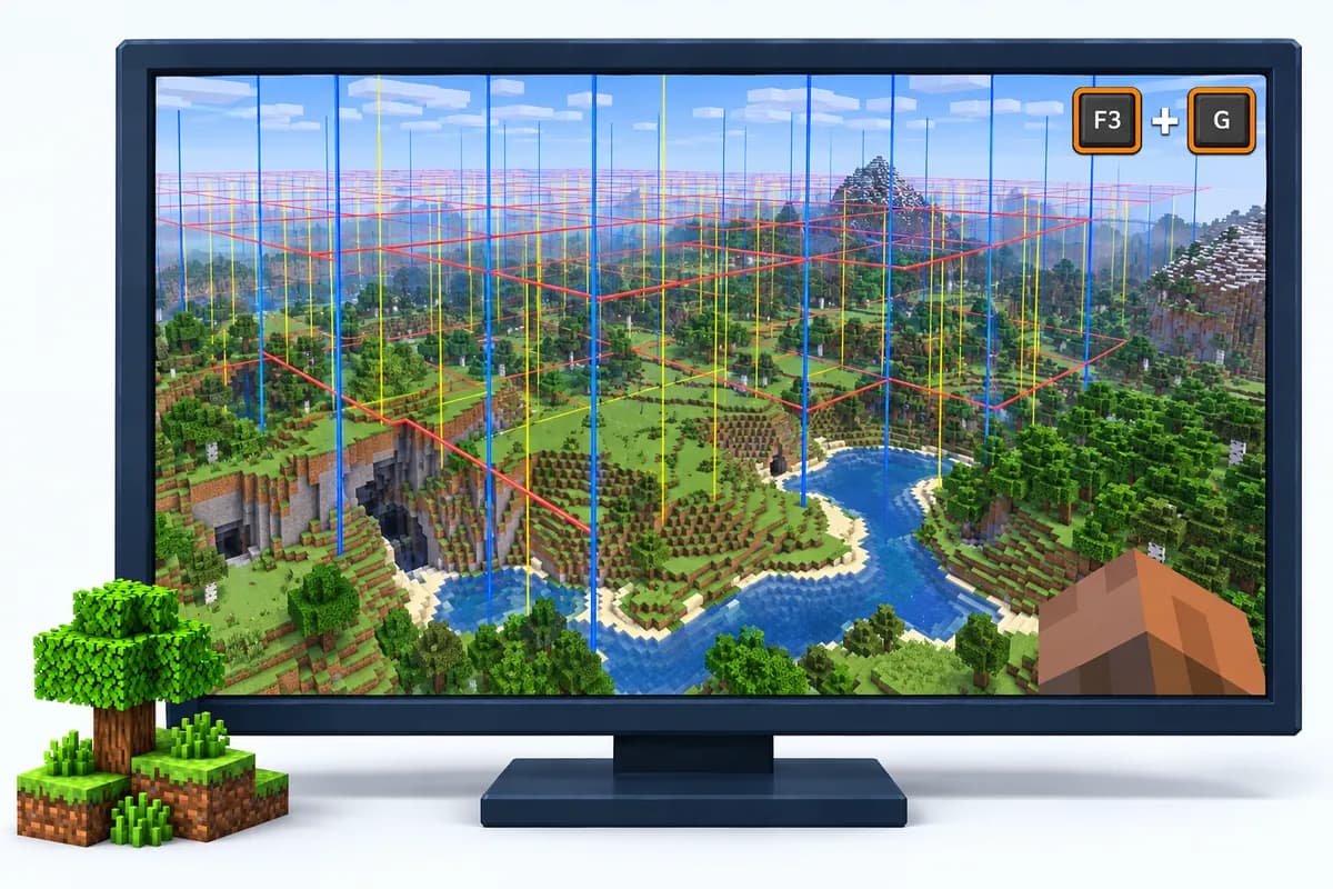 Chunkgrenzen, mit F3 und G über eine Java-Edition-Landschaft gezeichnet, ein Gitter aus Linien über einem Fluss, einem Wald und Höhlen