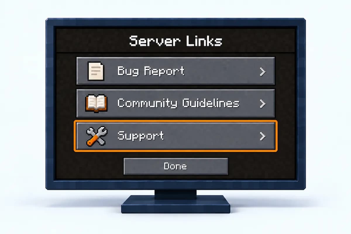 Het scherm Server Links van Java Edition met knoppen als Bug Report, Community Guidelines en Support, en een knop Done