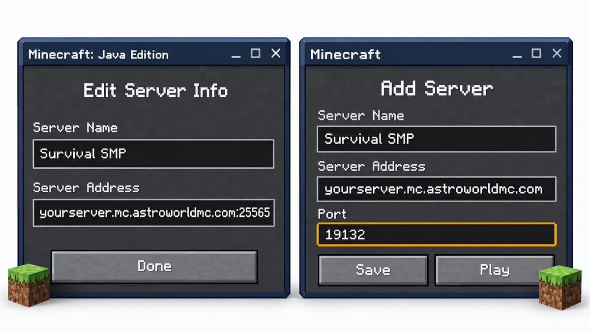 Het scherm Add Server van Java Edition met een veld voor de servernaam en een voor het serveradres met poort 25565 na een dubbele punt, naast het scherm van Bedrock Edition met een apart veld Port met 19132