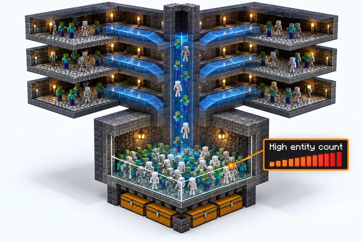 Schnitt durch einen hohen Mobfarm-Turm mit Spawnebenen, Wasserkanälen und einem Fallschacht in einen Sammelraum voller Zombies und Skelette, die Art Bauwerk, die den Server mit Entities füllt