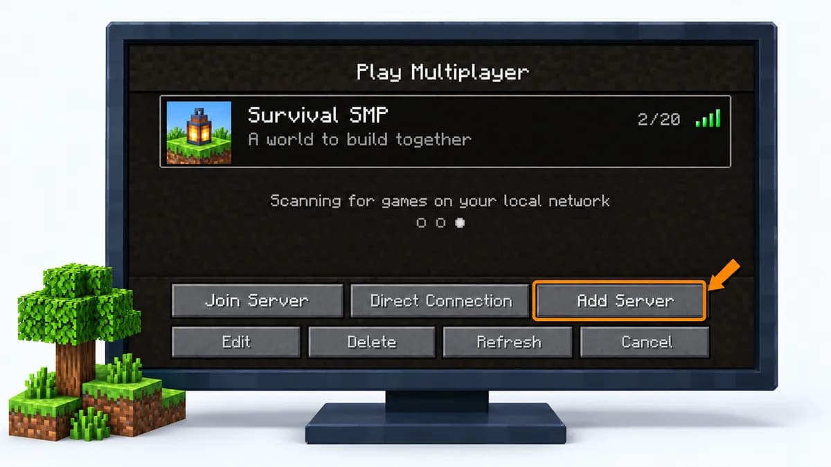 Het scherm Multiplayer van Java Edition met een opgeslagen server met icoon, spelertal en ping, dat naar LAN-spellen zoekt, met onderaan de gemarkeerde knop Add Server