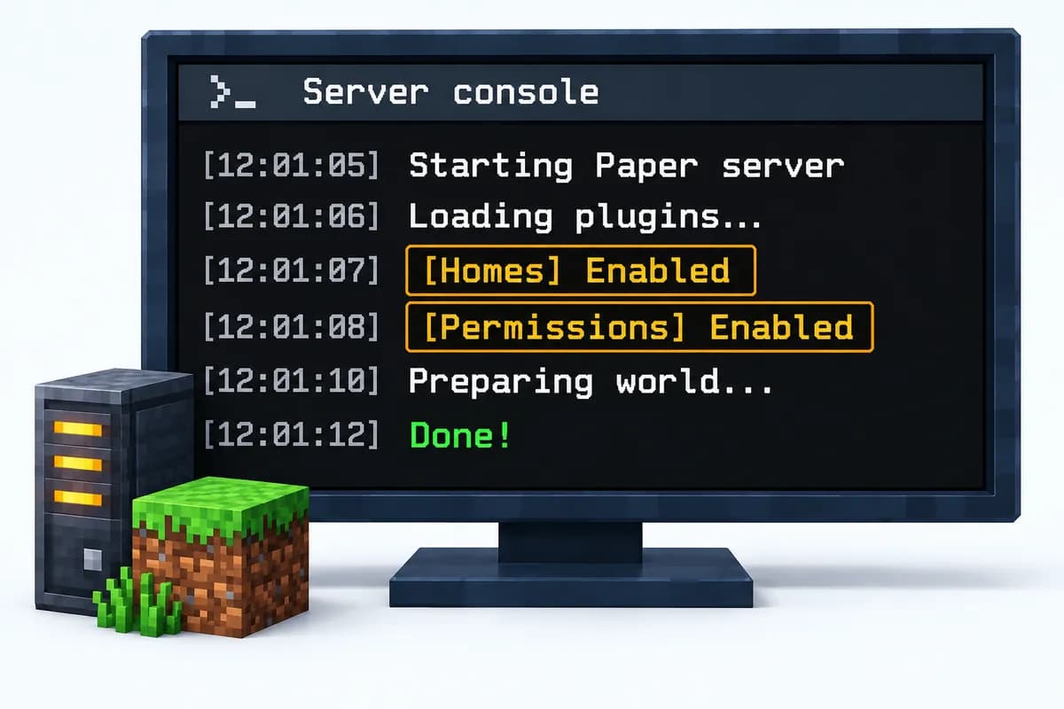 Een terminalvenster met de console van een Minecraft-server-jar op Paper die opstart, plugins als Homes en Permissions laadt en Done meldt