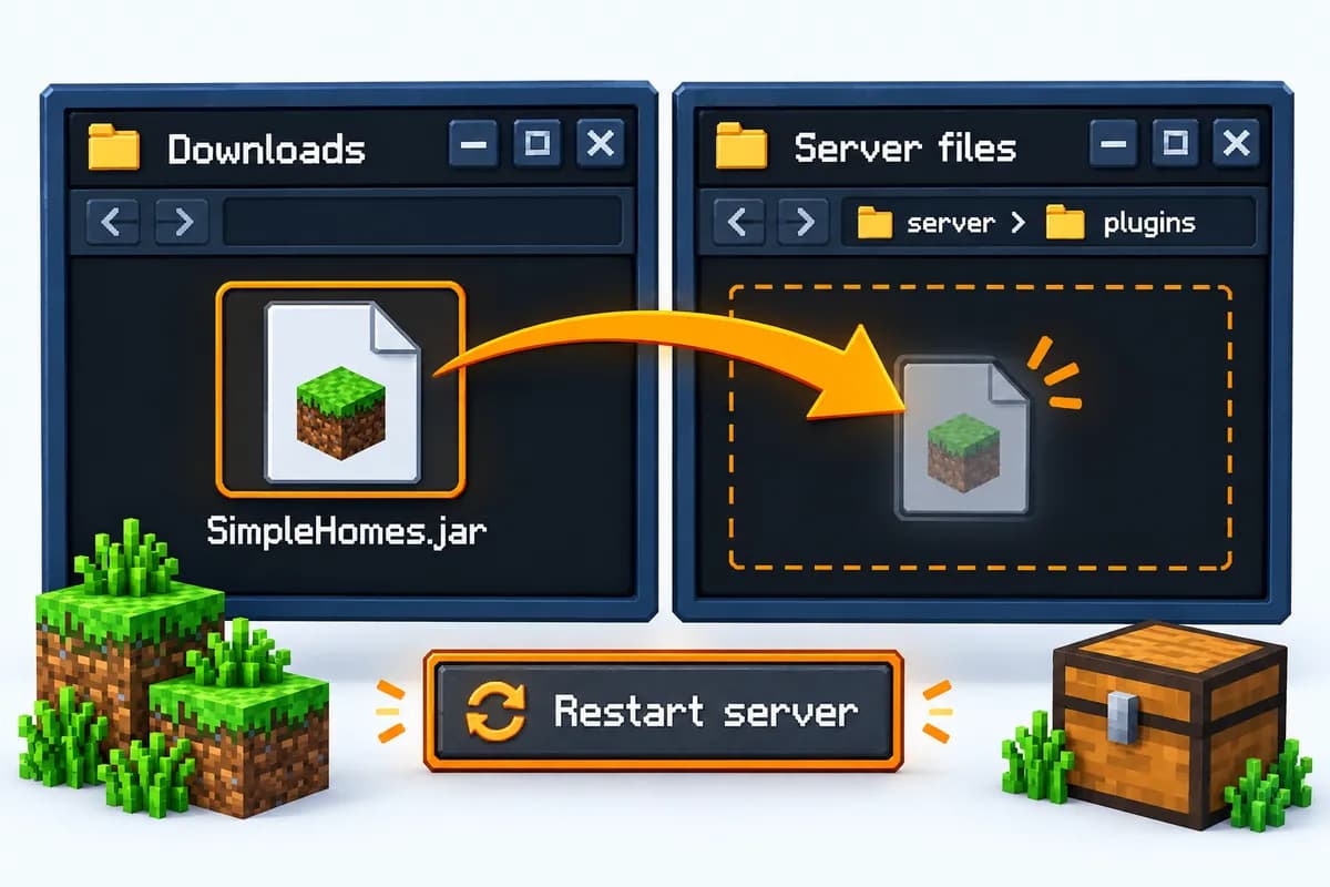 Een Bukkit-plugin-jar, SimpleHomes.jar, die van de map Downloads naar de map plugins in de serverbestanden gaat, met een knop Restart server eronder
