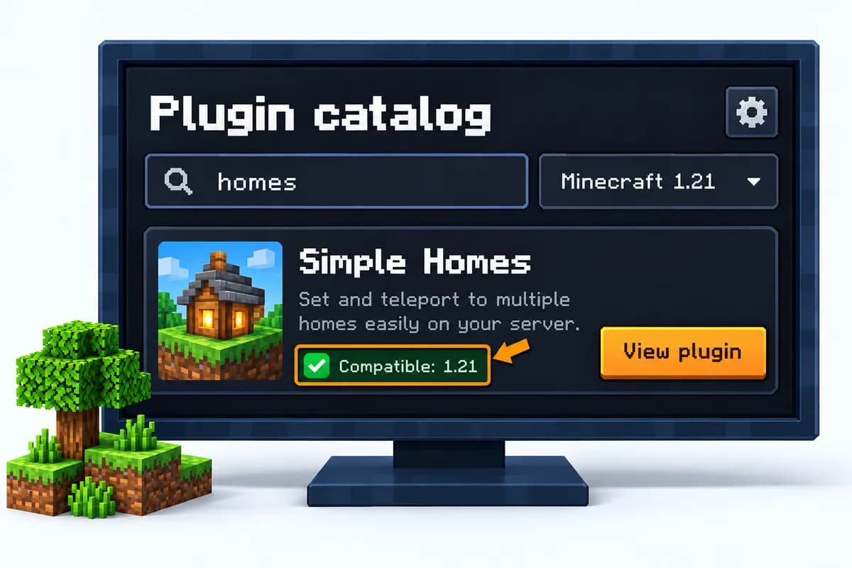 De zoekresultaten van een Bukkit-pluginsite: het zoekvak met homes, het filter Minecraft 1.21 en het label Compatible: 1.21 gemarkeerd naast de plugin Simple Homes