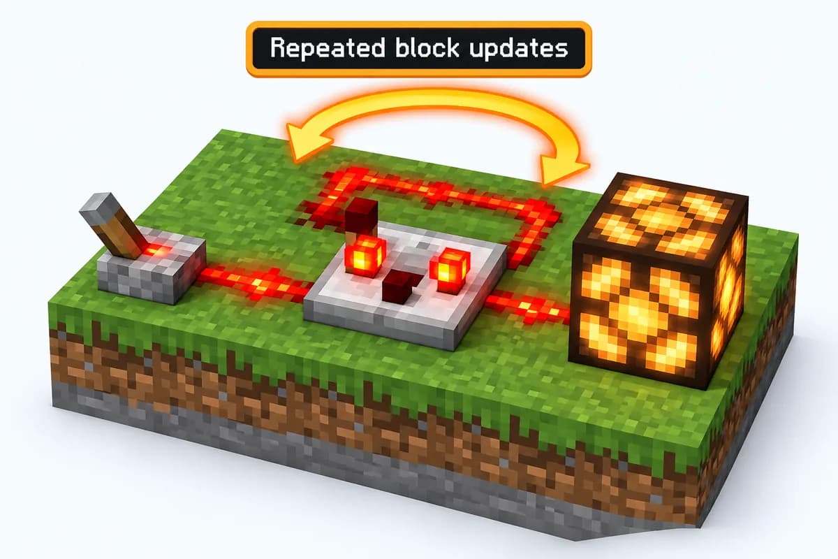 Eine Redstone-Uhr mit Komparator, dieselbe Art Uhr wie eine Trichteruhr: ein Hebel, ein Komparator in einer Schleife aus Redstone und eine Redstone-Lampe, mit einem Pfeil für die wiederholten Blockupdates