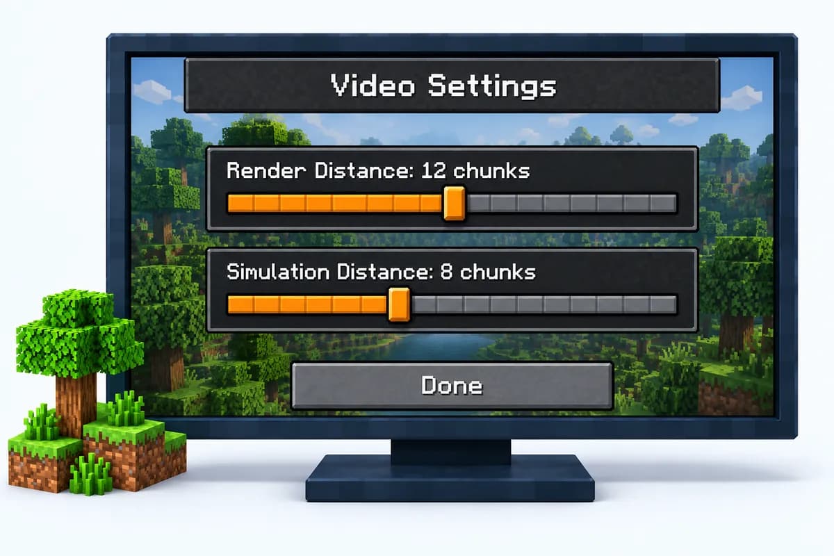 Die Videoeinstellungen von Java Edition mit Render Distance auf 12 Chunks und Simulation Distance auf 8 Chunks, jeweils mit einem Schieberegler