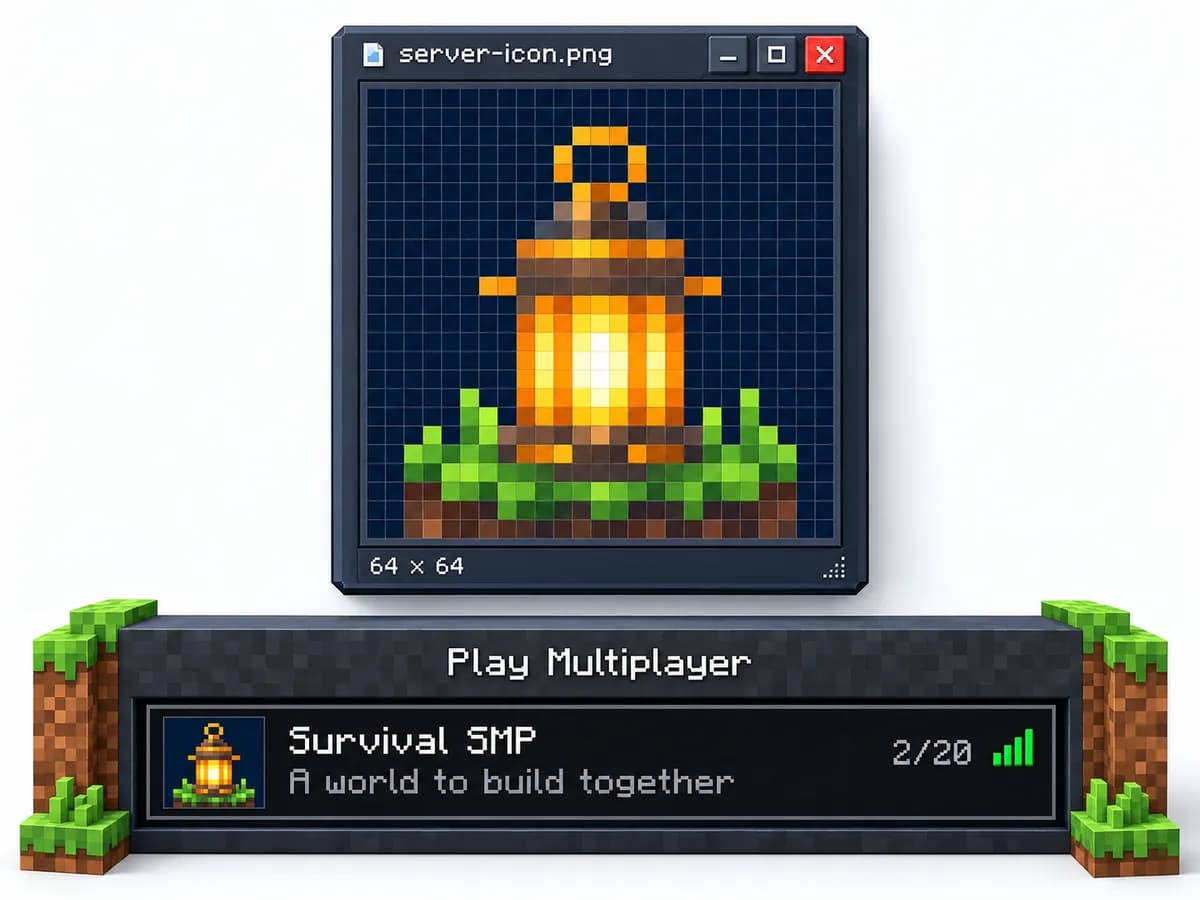 Een voorbeeld van een servericoon, een pixellantaarn op gras in een raster van 64 bij 64, en hetzelfde icoon in de Minecraft-serverlijst naast de naam Survival SMP, het bericht van de dag en het aantal spelers