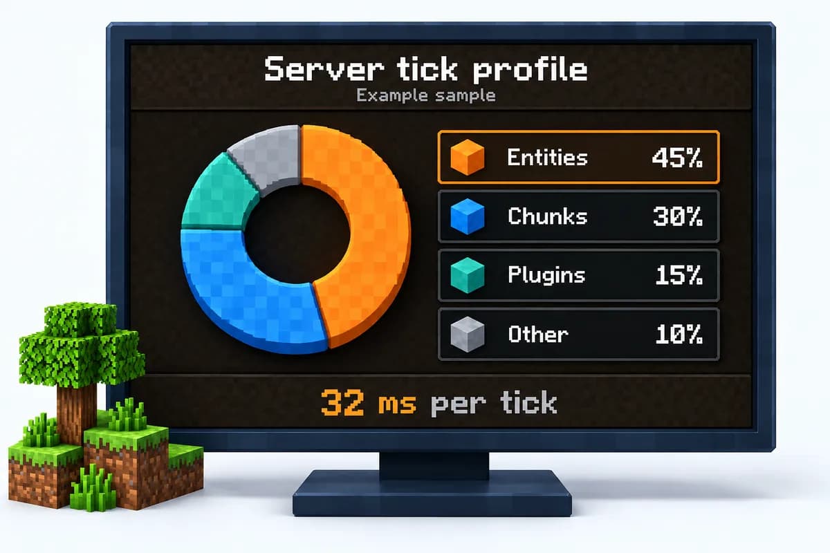 Ein Beispiel für ein Tickprofil des Servers, dieselbe Idee wie das Debug-Kuchendiagramm von Java Edition, geöffnet mit Shift und F3, das den Tick von 32 ms in Stücke teilt: Entities 45%, Chunks 30%, Plugins 15% und Sonstiges 10%