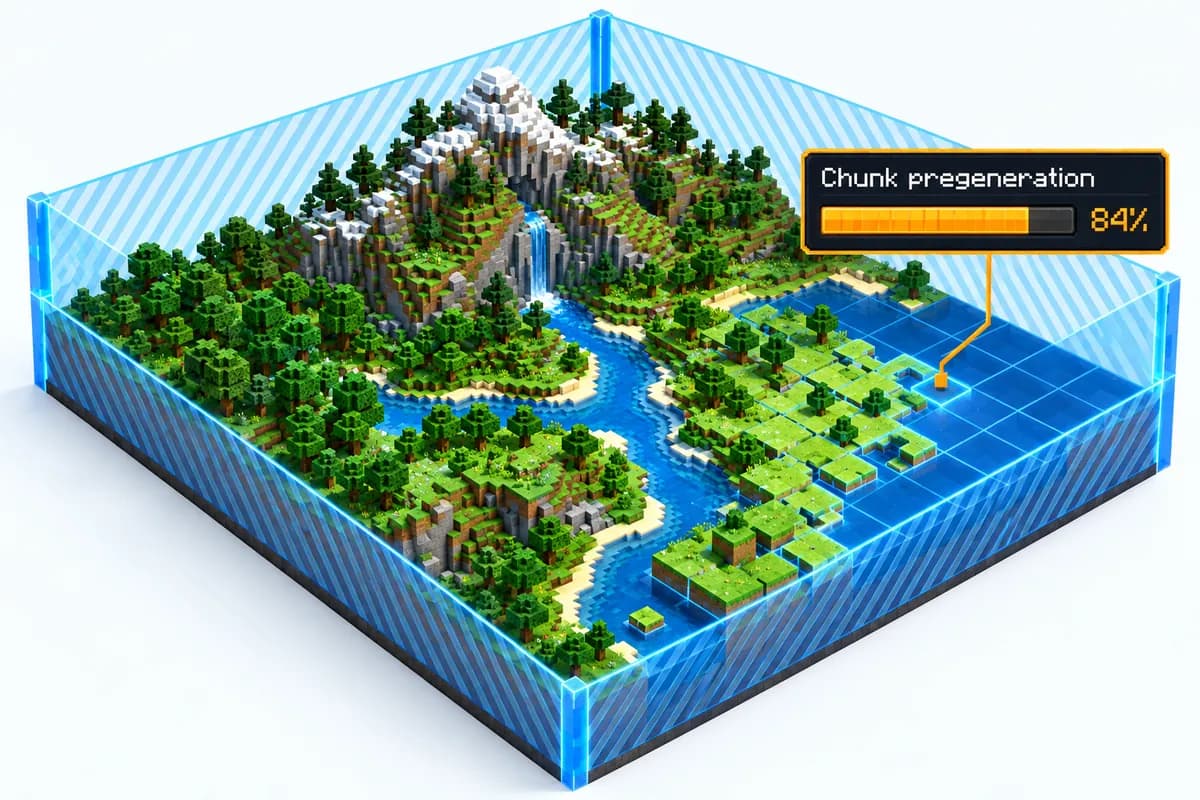 Die gestreifte blaue Wand einer Weltgrenze in Java Edition um eine erzeugte Welt mit Fluss, Wald und Berg, dazu ein Balken Chunk pregeneration bei 84% für die letzten Chunks in einer Ecke