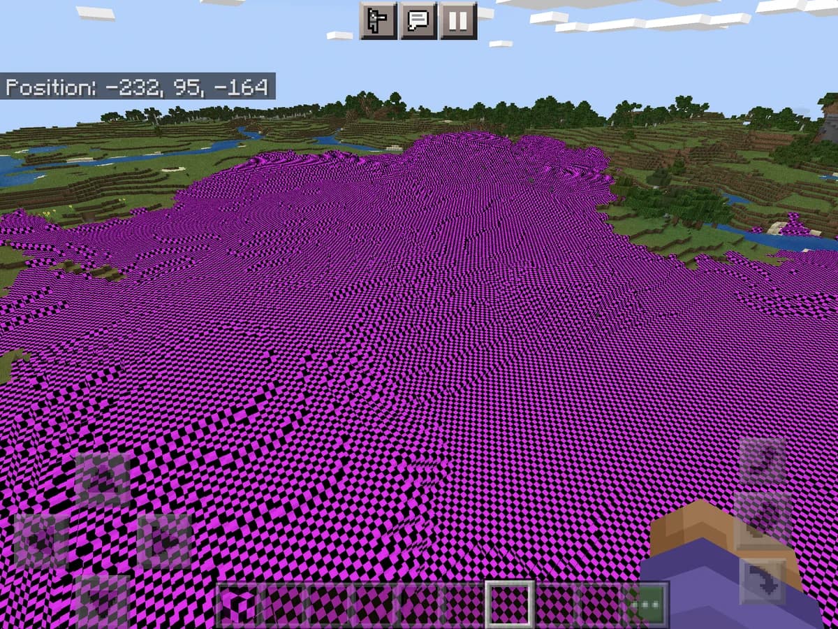 A modded landscape covered in magenta and black missing-texture blocks