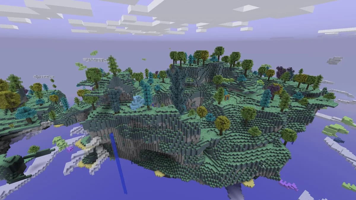 A sky island of the Aether mod with clouds and pale grass, a world that only exists with the loader the mod was built for