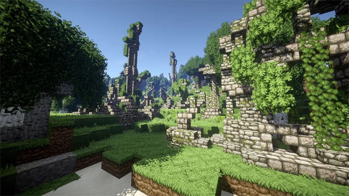 Overgrown stone ruins and tall broken pillars in a forest, placed by a world generation mod and lit by a shader pack