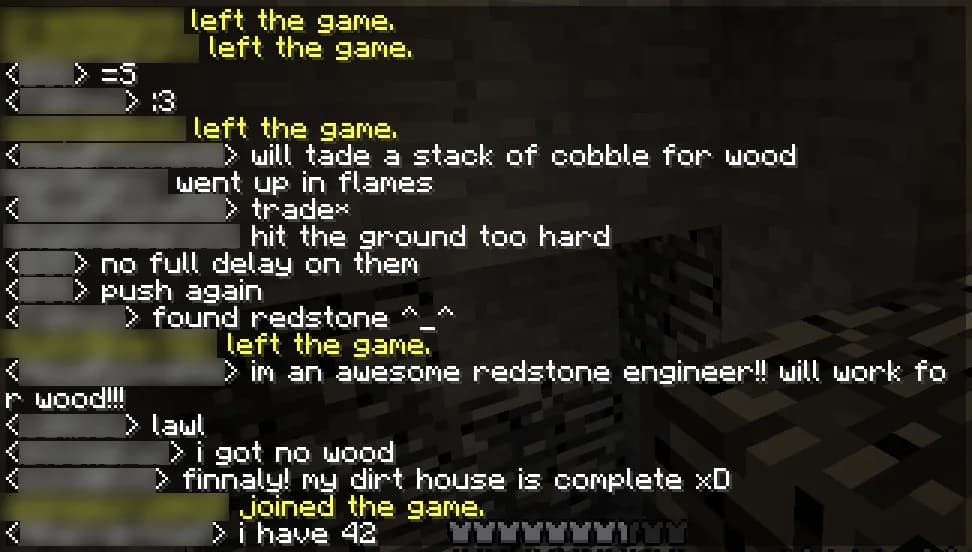 A Java Edition chat log with lines from several players and join and leave messages