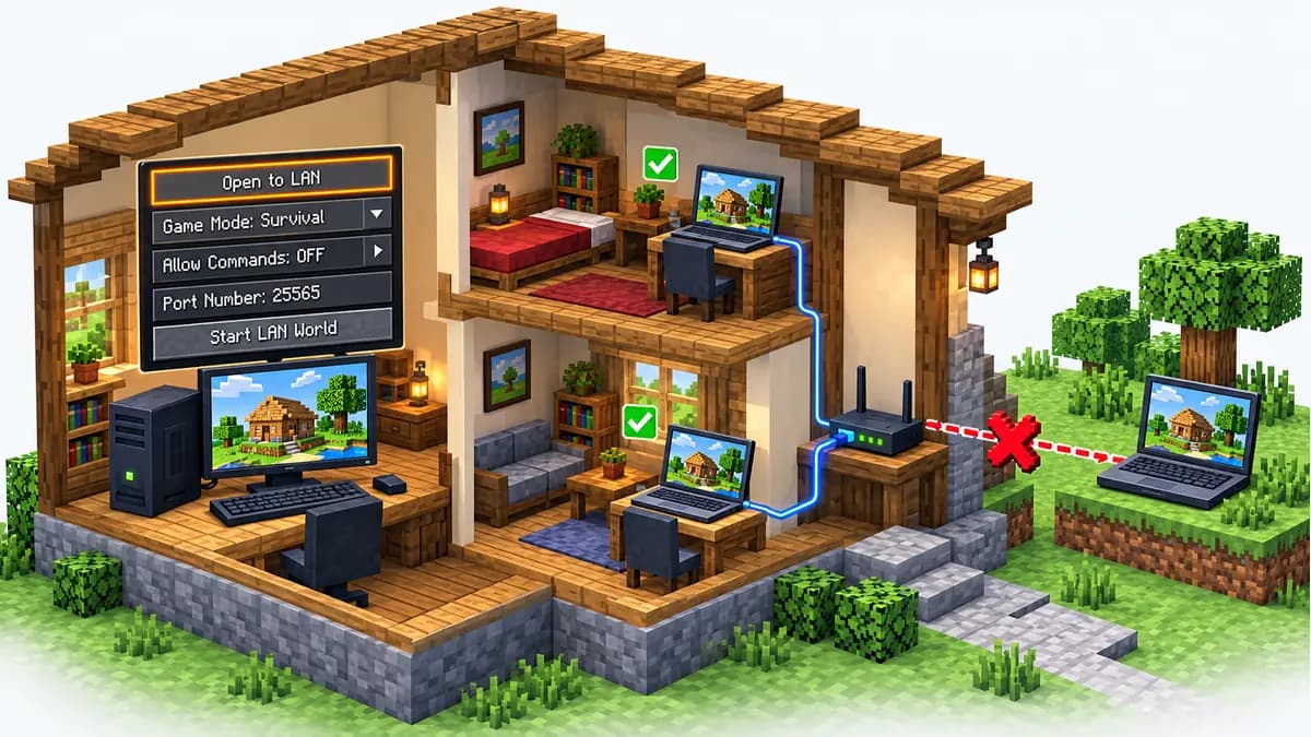 Doorsnede van een huis met een Minecraft-wereld die open staat voor LAN: het scherm Open to LAN van Java Edition met spelmodus, commando's toestaan en een poortnummer op de pc, twee laptops in hetzelfde huis die kunnen meedoen en een laptop buiten die de router tegenhoudt