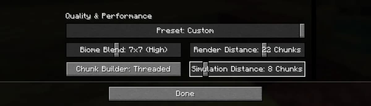 The Java Edition video settings with Render Distance at 12 chunks and Simulation Distance at 8 chunks