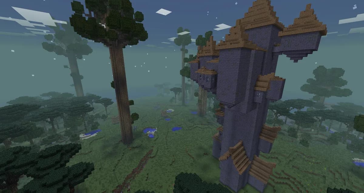 The dark forest of the Twilight Forest mod with a tower rising between the trees