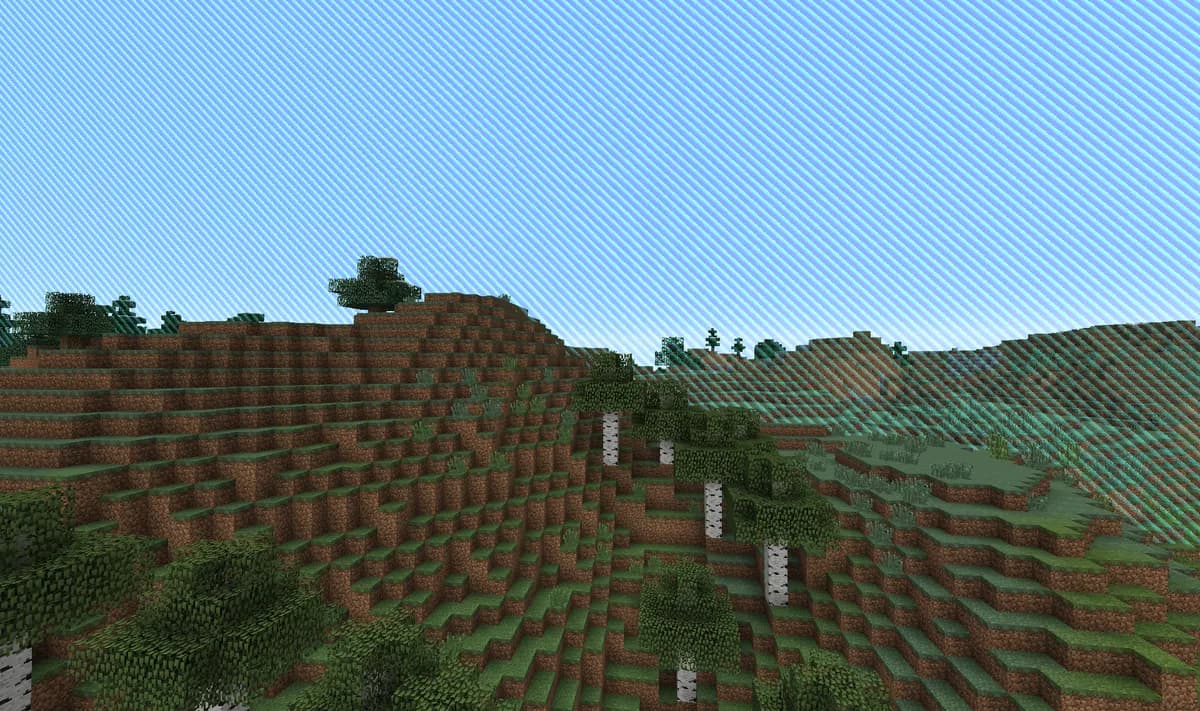 The striped red and blue wall of a world border in Java Edition