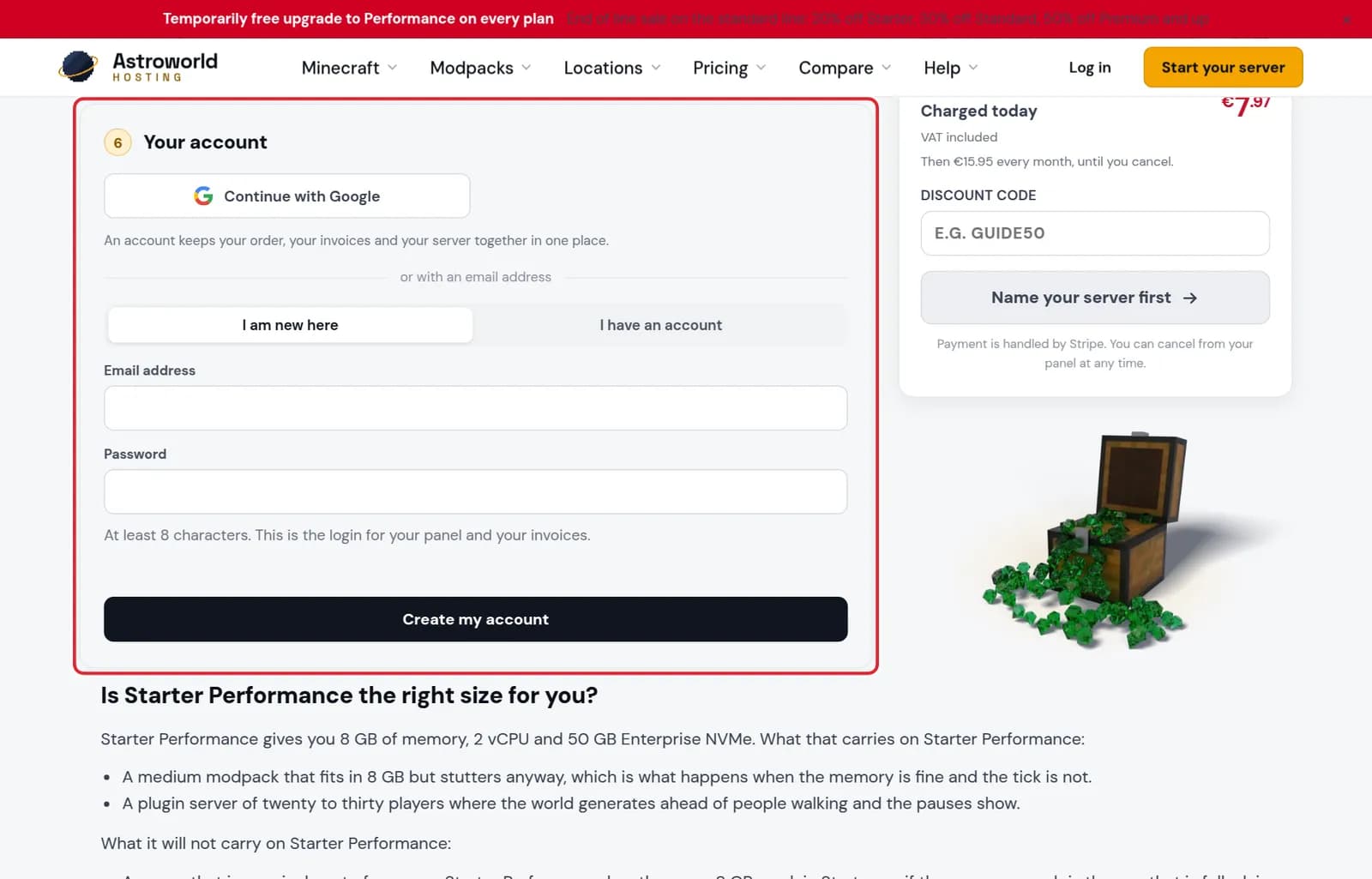 The Your account step with Continue with Google and the email form marked in red