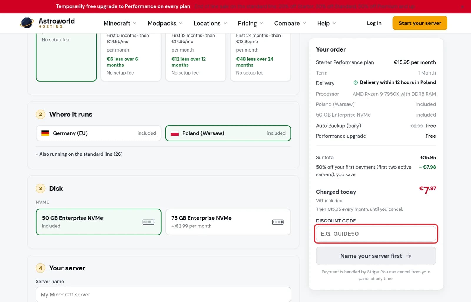 The Your order summary with the Discount code field marked in red