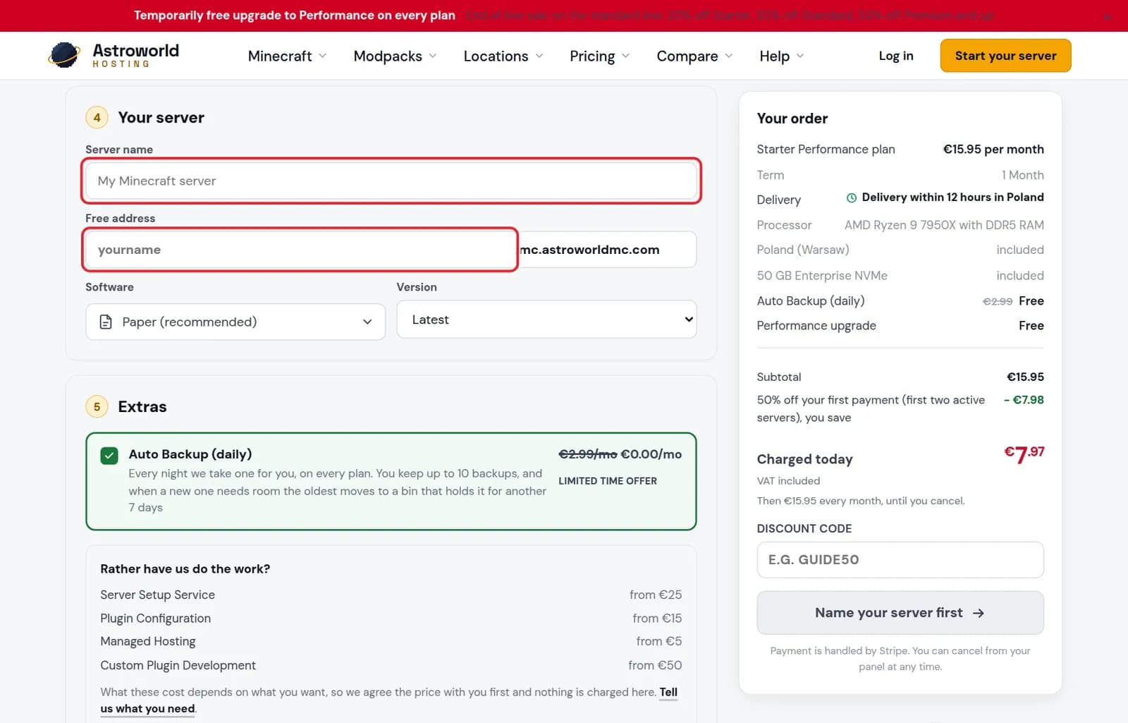The Your server step with the Server name and Free address fields marked in red