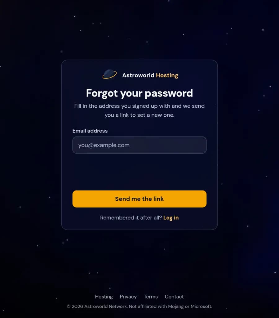 The Forgot your password page with an email field and the Send me the link button