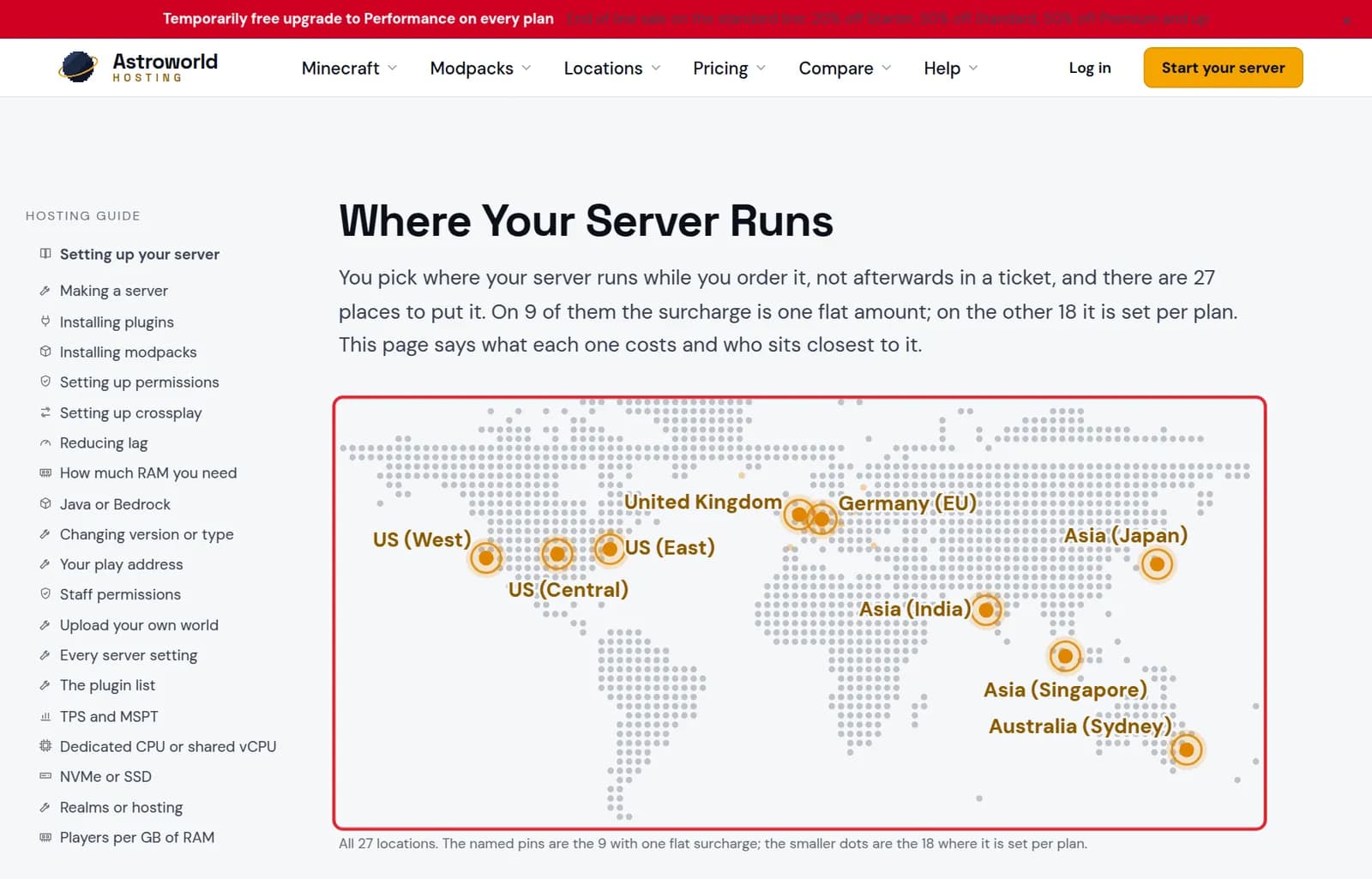 The map of all 27 server locations marked in red