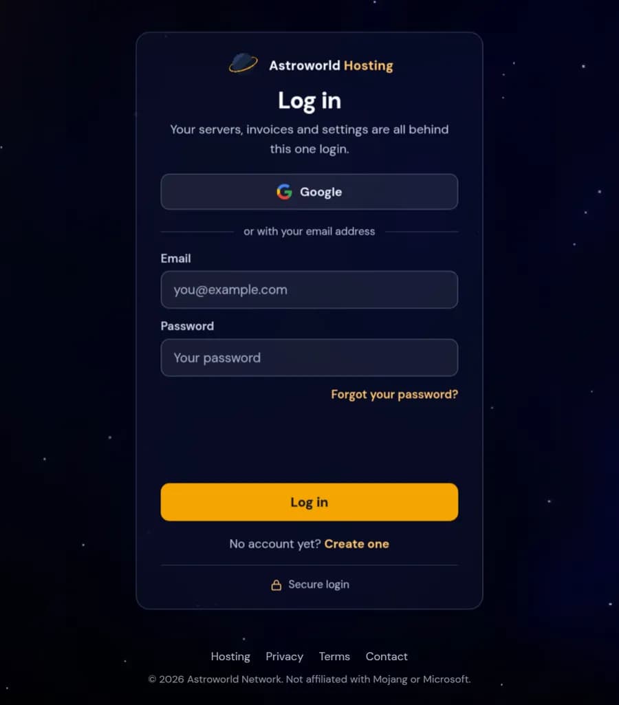 The Astroworld Hosting login page with the Forgot your password link under the password field