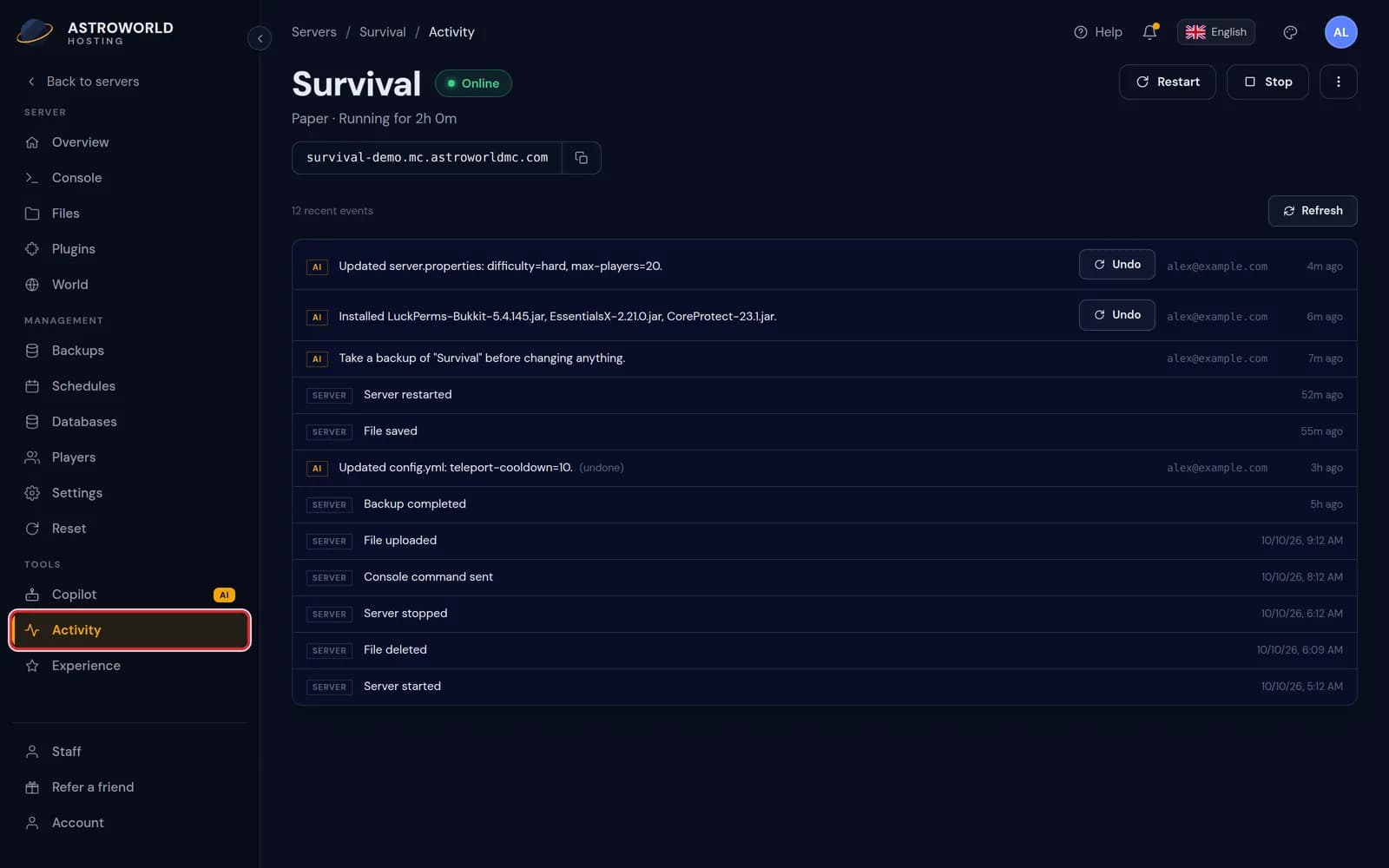 The Activity page of the server panel with Activity in the sidebar marked in red