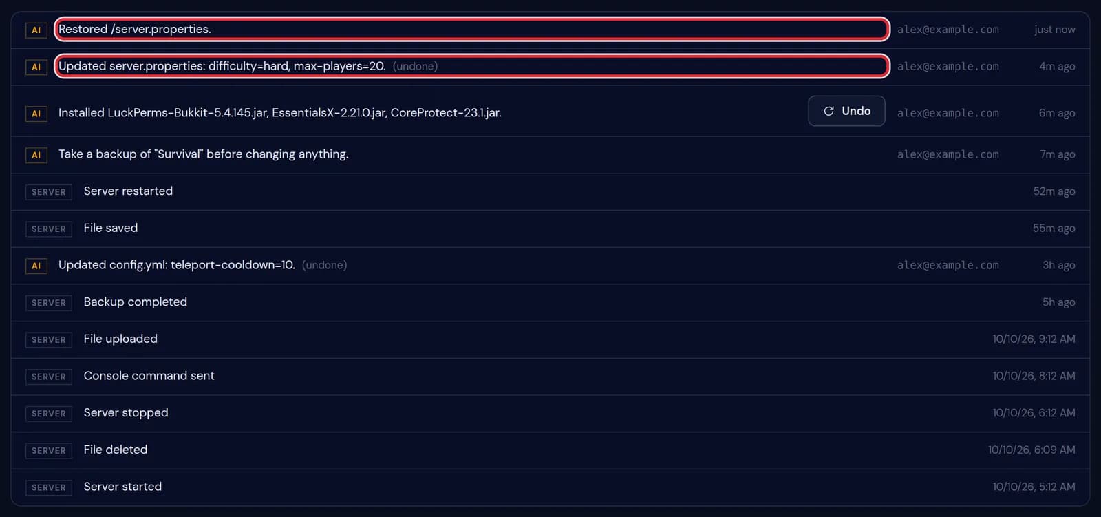 The activity list after Undo, with the new line Restored /server.properties and the original line marked (undone), both marked in red