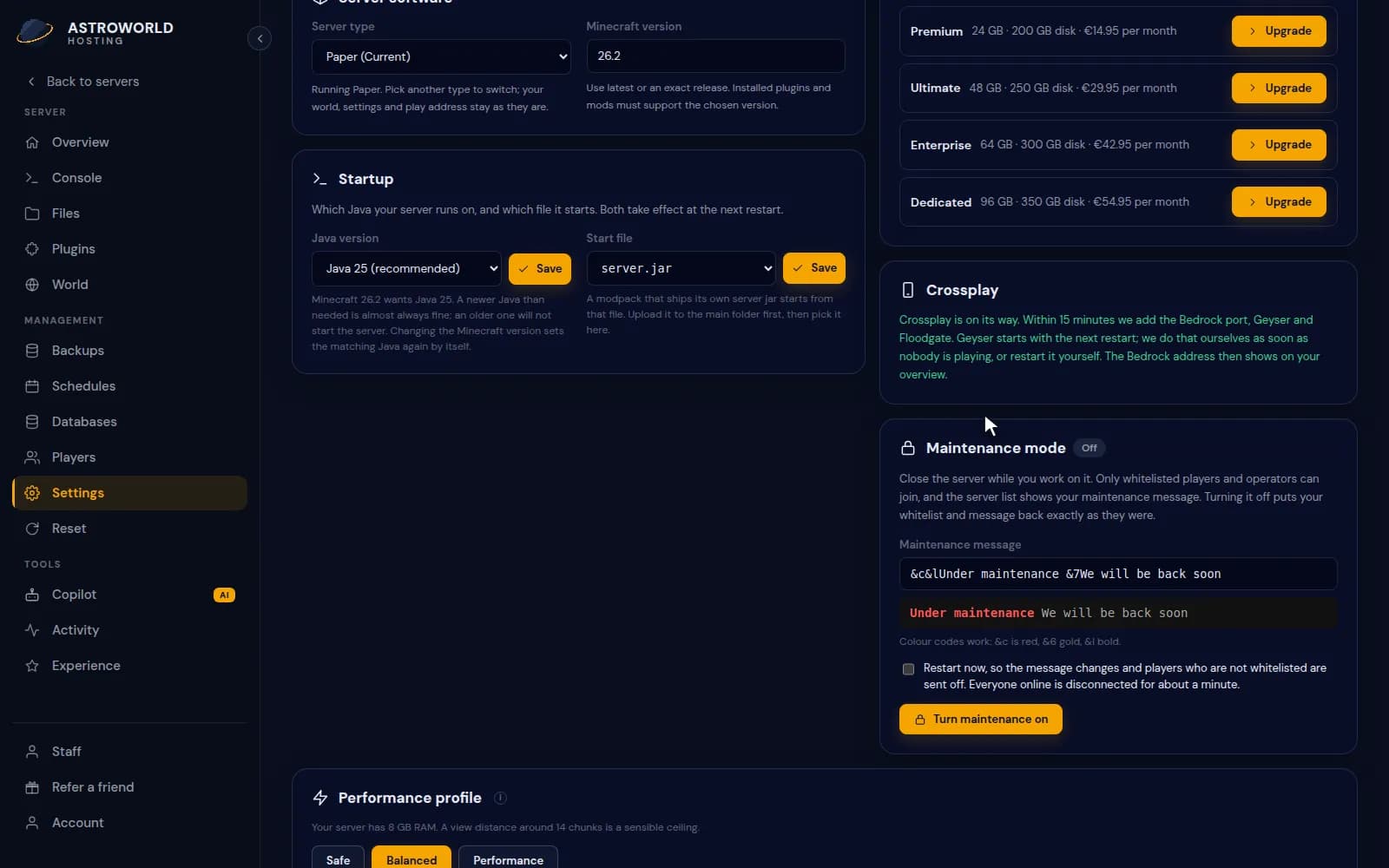 Adding crossplay to a Java server from the Settings page