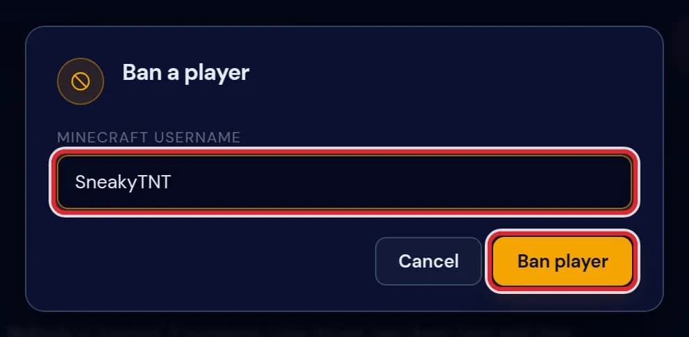 The Ban a player dialog with the username SneakyTNT typed in