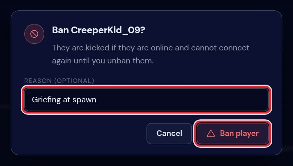 The dialog Ban CreeperKid_09? with the reason Griefing at spawn filled in
