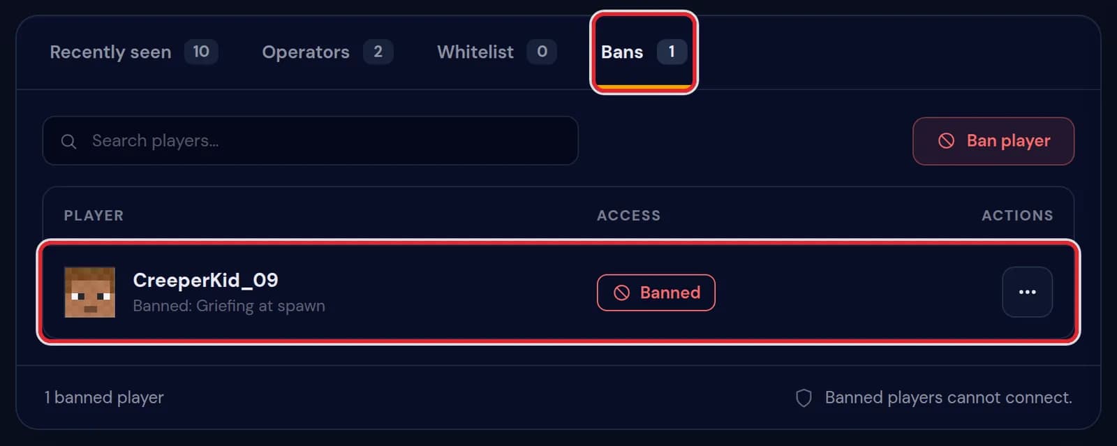 The Bans tab with CreeperKid_09, the line Banned: Griefing at spawn and the count 1 banned player